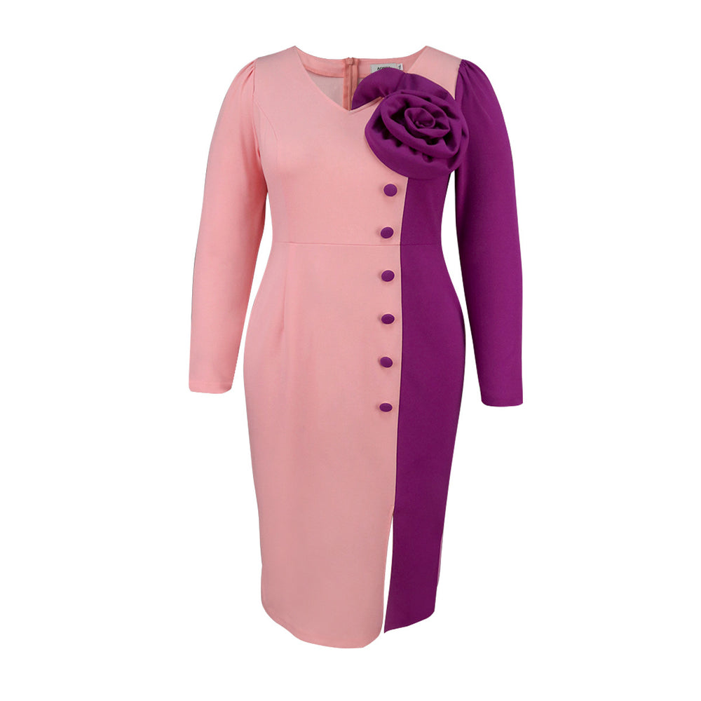 Personalized color block rose print dress - party banquet v-neck long sleeve midi evening gown