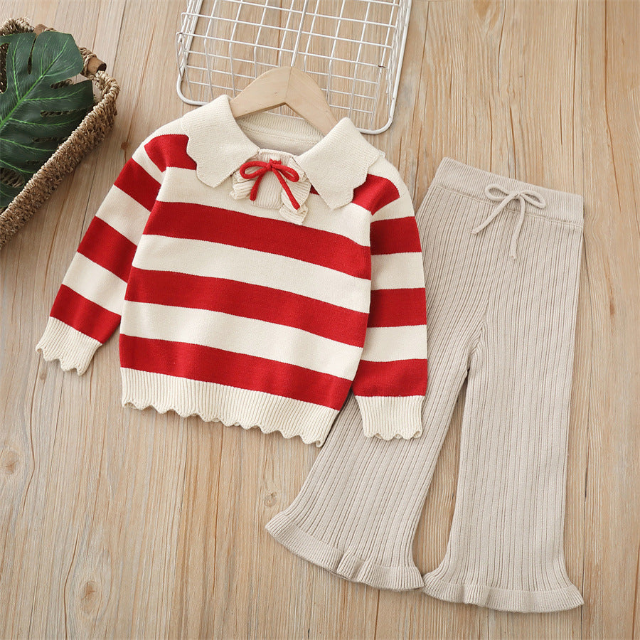 Dropshipping girls' knitted sweater two-piece set -  autumn/winter new collection - baby girl striped pants outfit