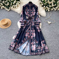 French retro print lantern sleeve dress - women's autumn korean style tie-waist slimming a-line maxi dress - commute friendly