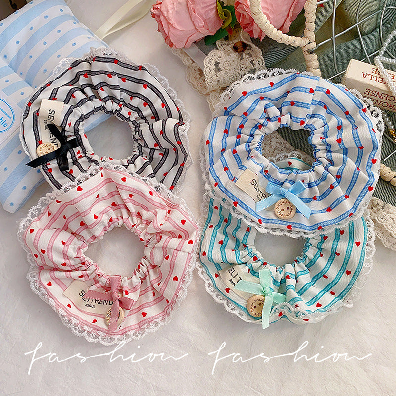 Blue striped lace heart-shaped scrunchie hair tie - korean style hair bun maker - elastic hair band
