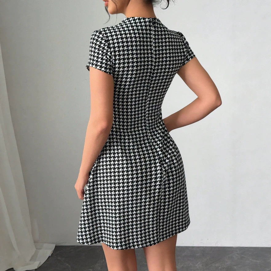 independent station new arrivalfashionelegant silmslimming look round neck beaded grids pattern tweed style mini dress for women