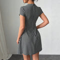 independent station new arrivalfashionelegant silmslimming look round neck beaded grids pattern tweed style mini dress for women