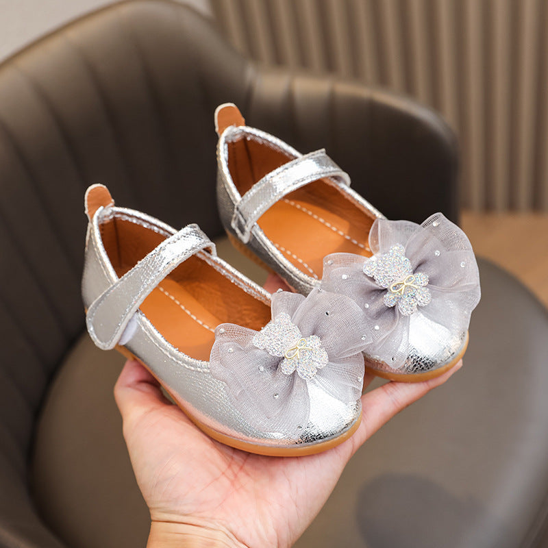 Girls'  spring new bowknot soft sole princess leather shoes for mid-to-large children - wholesale magic tape closure kids' shoes (direct from manufacturer)
