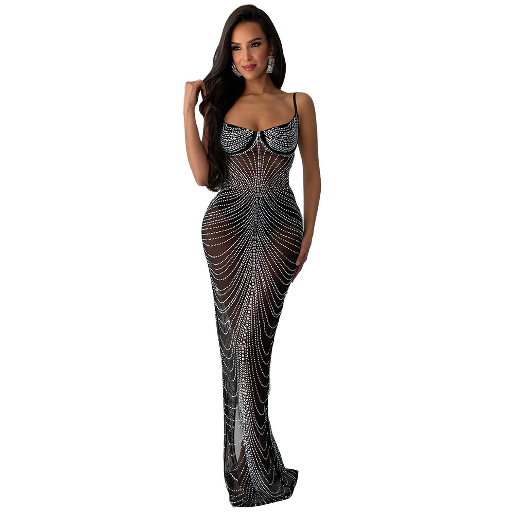 C6613 cross-border   fashion women's solid color mesh rhinestone camisole maxi dress