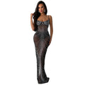 C6613 cross-border   fashion women's solid color mesh rhinestone camisole maxi dress