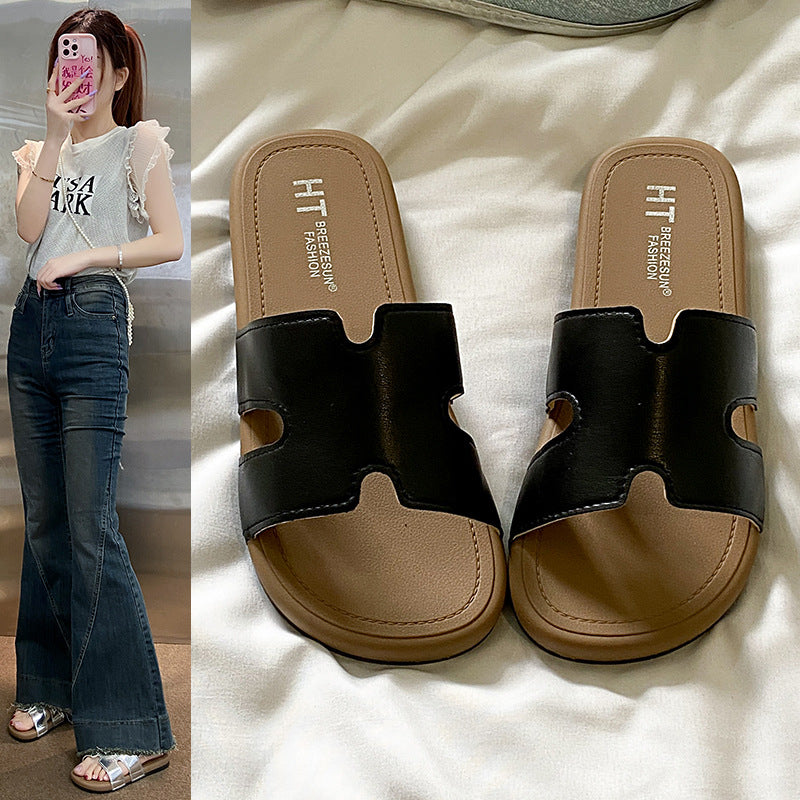 Fashionable starlight silver h strap versatile soft sole sandals & slippers - high-end french retro flat one-strap slides for women