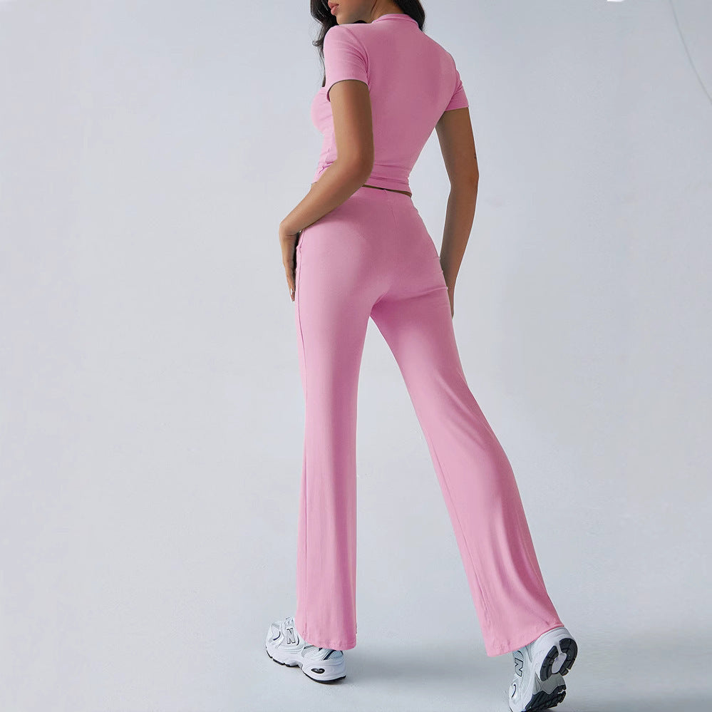 2025 european and american new arrival cross-border women's spring/summer elegant solid color crew neck casual fashion set - short sleeve top and long pants