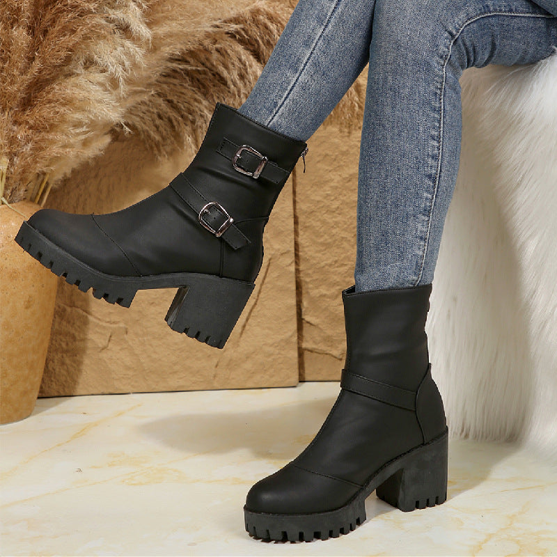 plus size boots for women fall and winternew arrivalfashionfashion round toe thick heel belt buckle women's boots