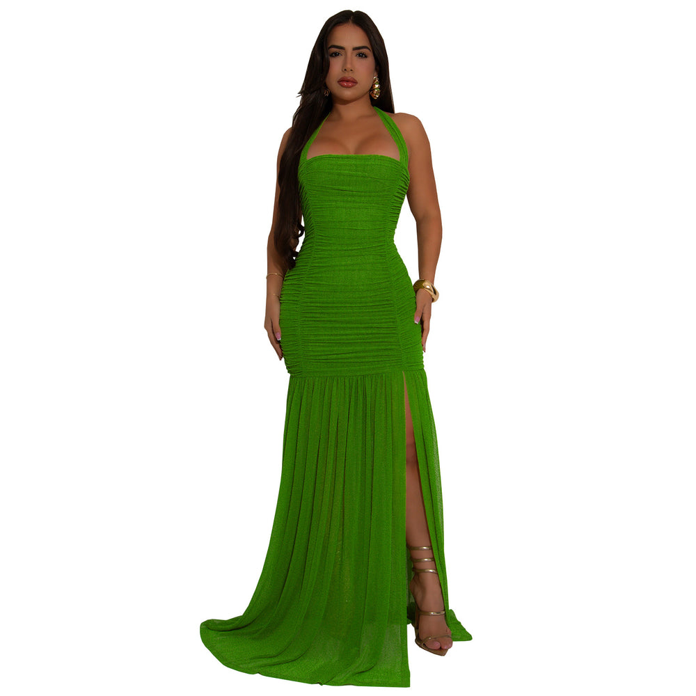 C7398 cross-border   fashion women's summer mesh sexy slit solid color dress
