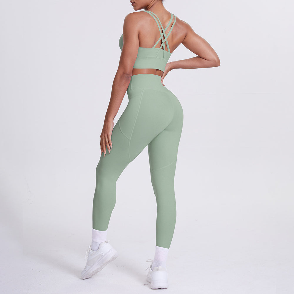 Fashion cross-border nude brushed cross back bra sports hip pocket pants fitness yoga clothes two-piece set