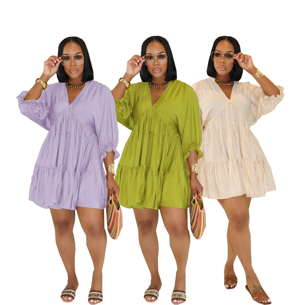 TW748 European and American fashion  women's clothing solid color casual V-neck loose waist seven-quarter sleeve big pendulum pleated dress short