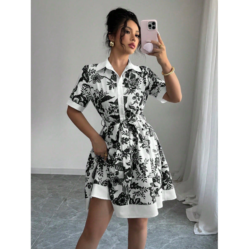 Ready stock  new arrival: minimalist chic tie-waist printed short-sleeve dress