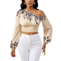 Women's printed one-shoulder top, cinched waist puff sleeve cropped crop top, perfect for dates, commuting, and everyday casual wear