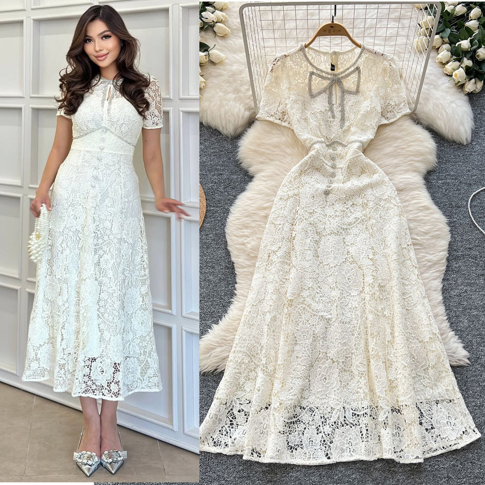 Elegant chanel-inspired, high-end, diamond-studded bow, short-sleeved, cinched-waist, openwork crochet lace dress, french-style maxi dress