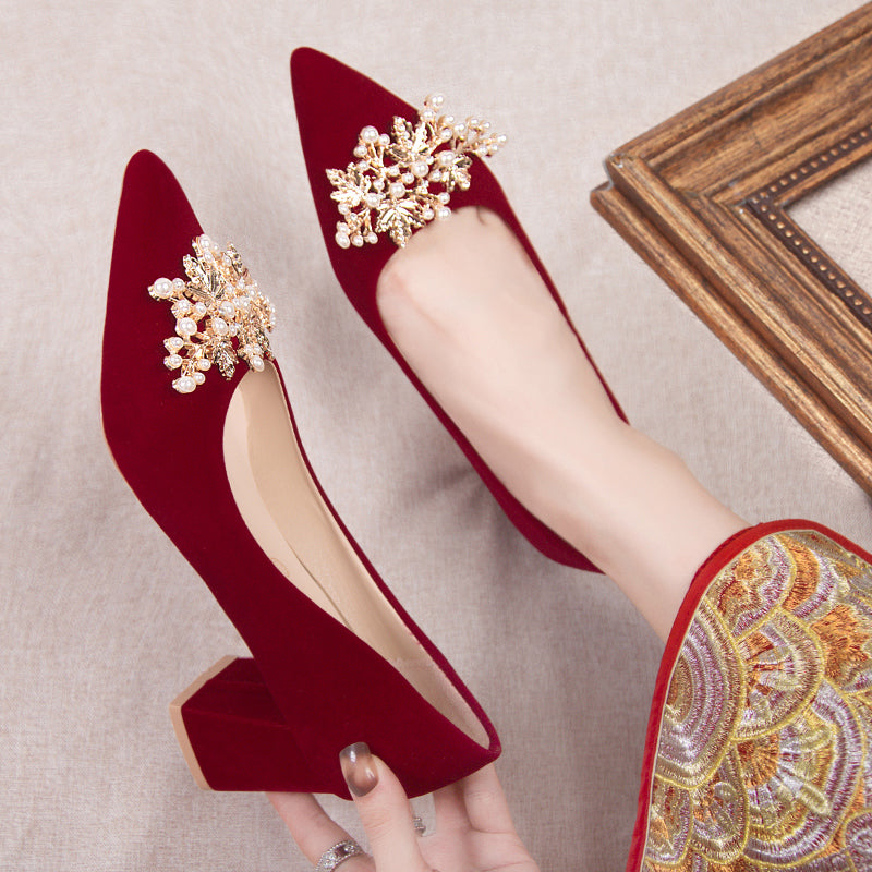 Autum wedding shoes for women with thick heels 6 new bride chinoiserie red fleece-lined xiuhe wedding dress two-wear high heels tiring feet