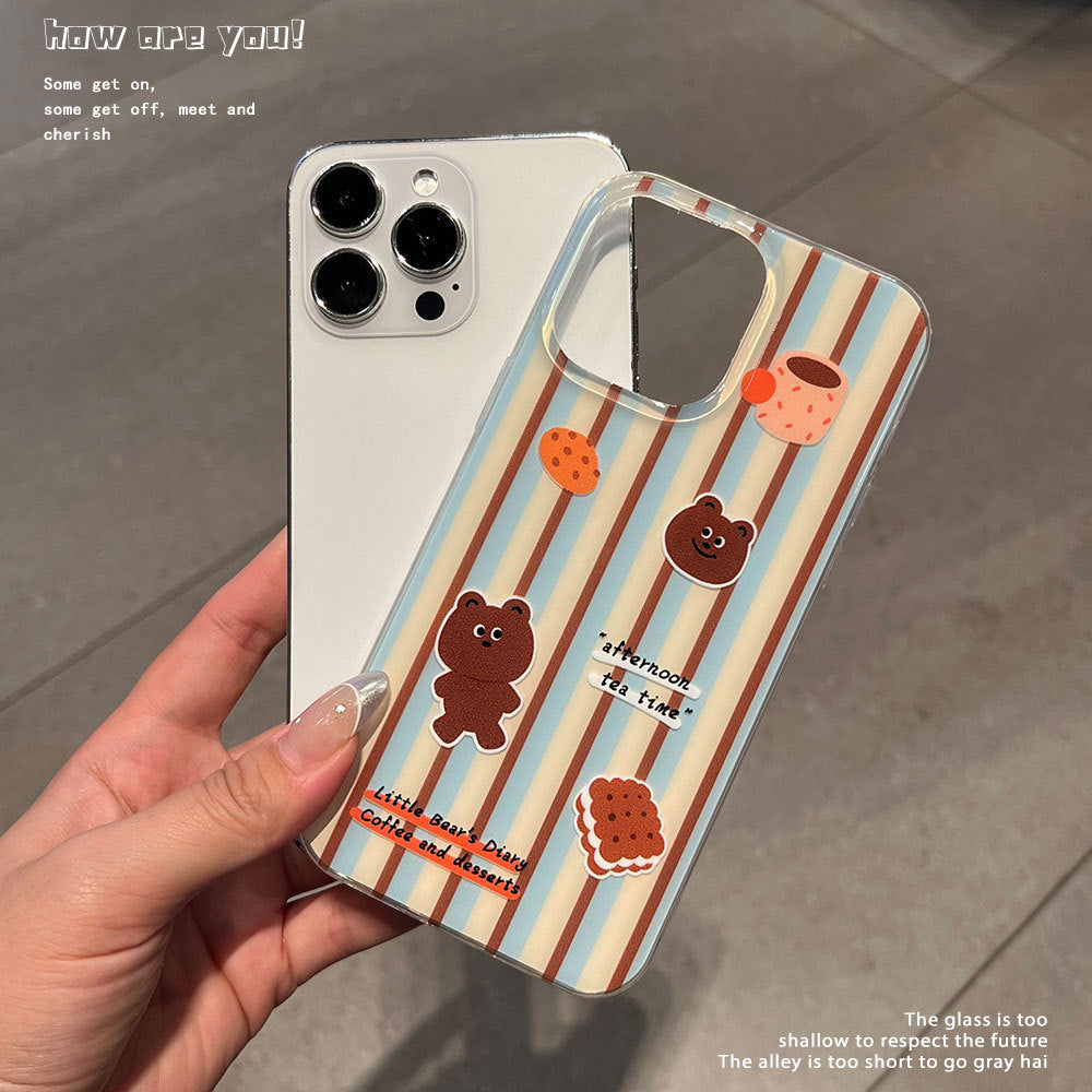 Classic striped apple 17 pro max phone case, iphone 16 creative coffee bear trendy phone case