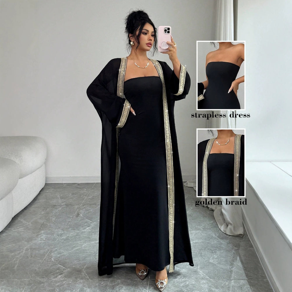 Amazon cross-border fashion: gold-trimmed cardigan + bandeau dress elegant formal set