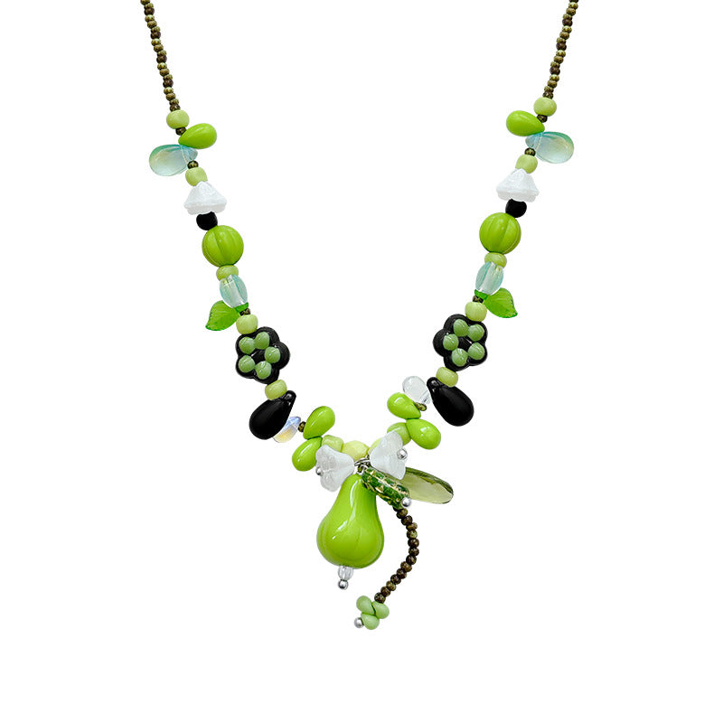 Green crystal beaded plant green pear necklace niche forest styleretro beaded clavicle chain sense of design necklace accessories