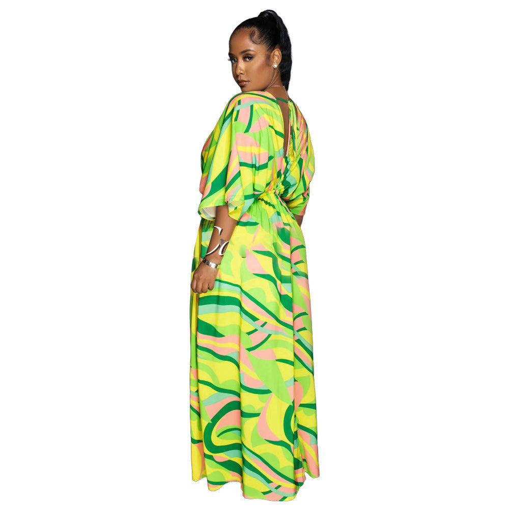 cross-border fashion  waist-printed loosecasual new bat mid-sleeve women's dress