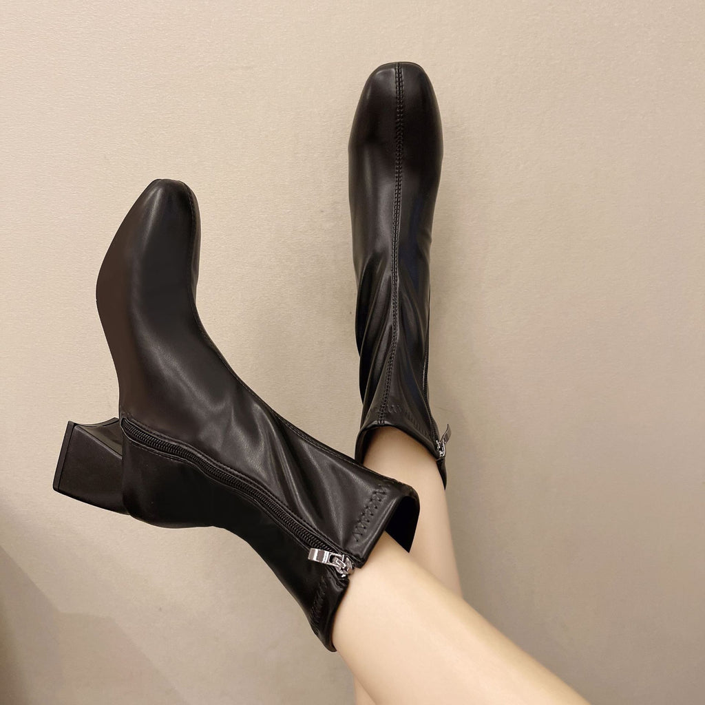 Roman short boots women's summer 2021 new Korean version thick heel French soft leather high-end fried street white Chelsea bare boots