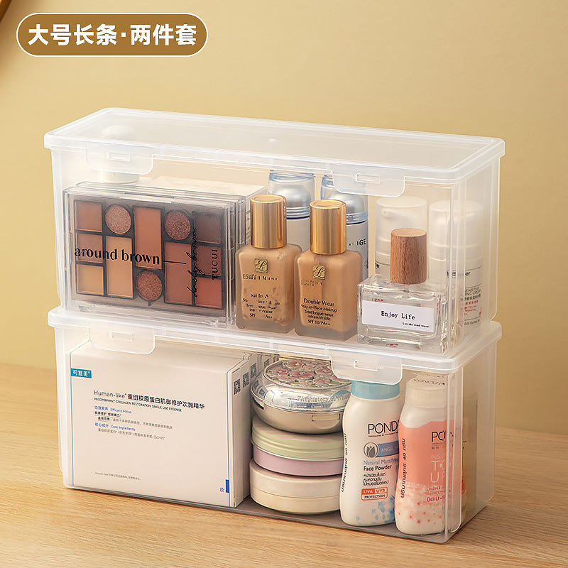 Long makeup brush, mask storage box, transparent rectangular box with lid, covered dresser, skin care product storage box.