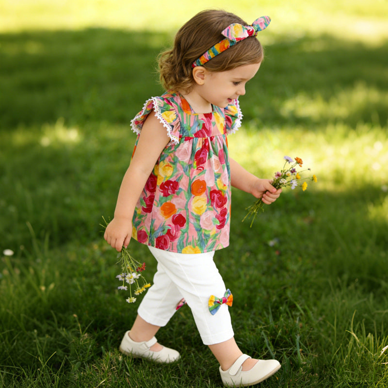 Girls' summer outfit set  new style: trendy kids' short-sleeve, shorts, and flutter-sleeve three-piece set - baby clothes, toddler clothing