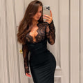 European and american style women's spring  new arrival: elegant lace patchwork deep v-neck sexy slim-fit long sleeve dress