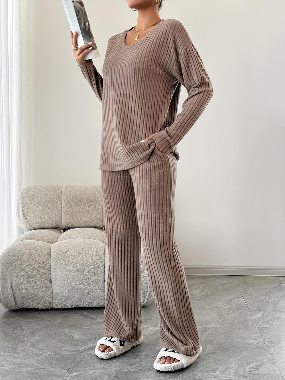 Influencer's choice:  fall/winter ribbed knit brushed cotton loungewear set - versatile for home or out, cross-border fashion casual