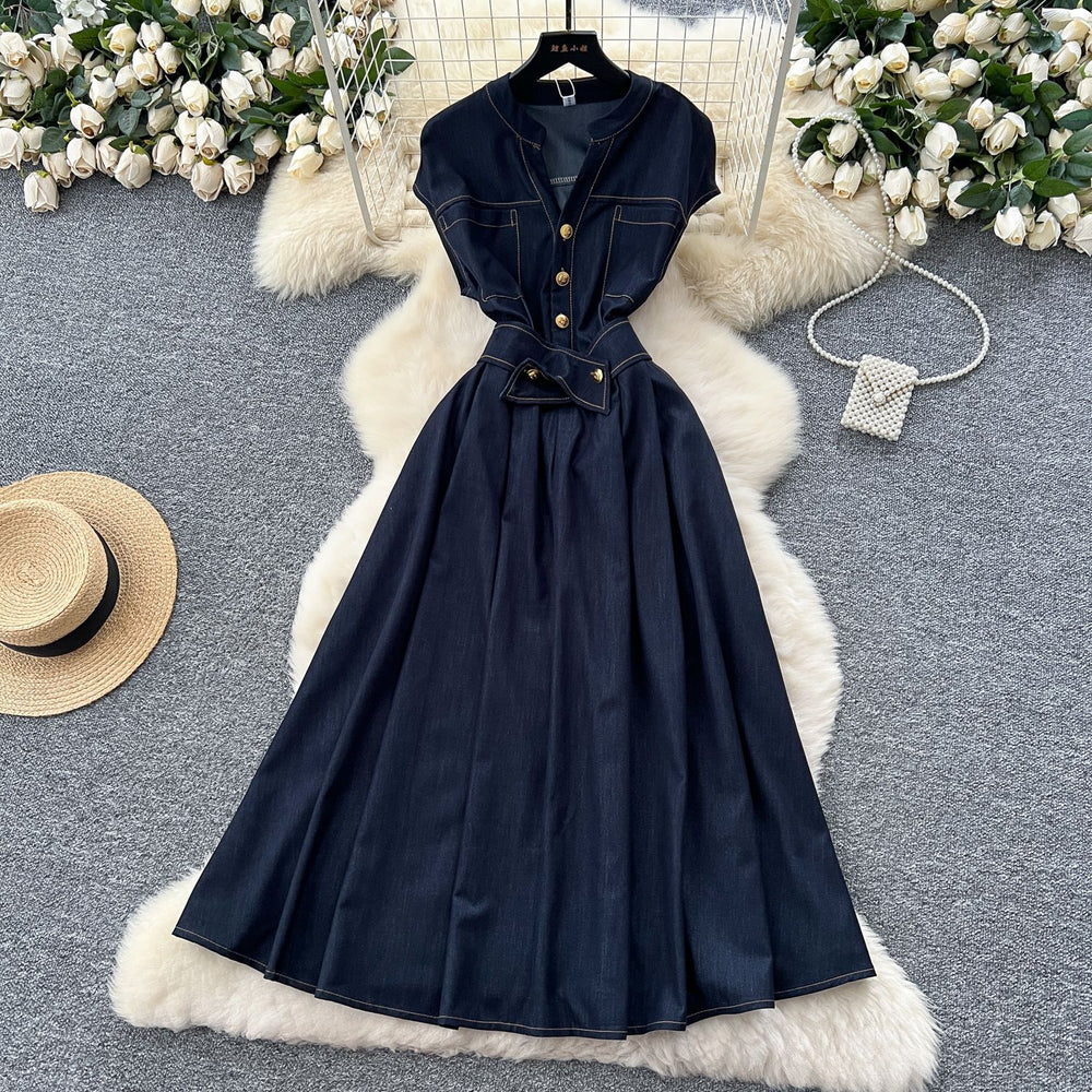 Frenchretrov neck metal buckle topstitch waist elegant sleeveless dress women's summer slimming lookelegance denim long skirt