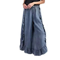 Amazon cross-border ins new european and american women's summer washed cotton denim ruffles raw edge flared pants