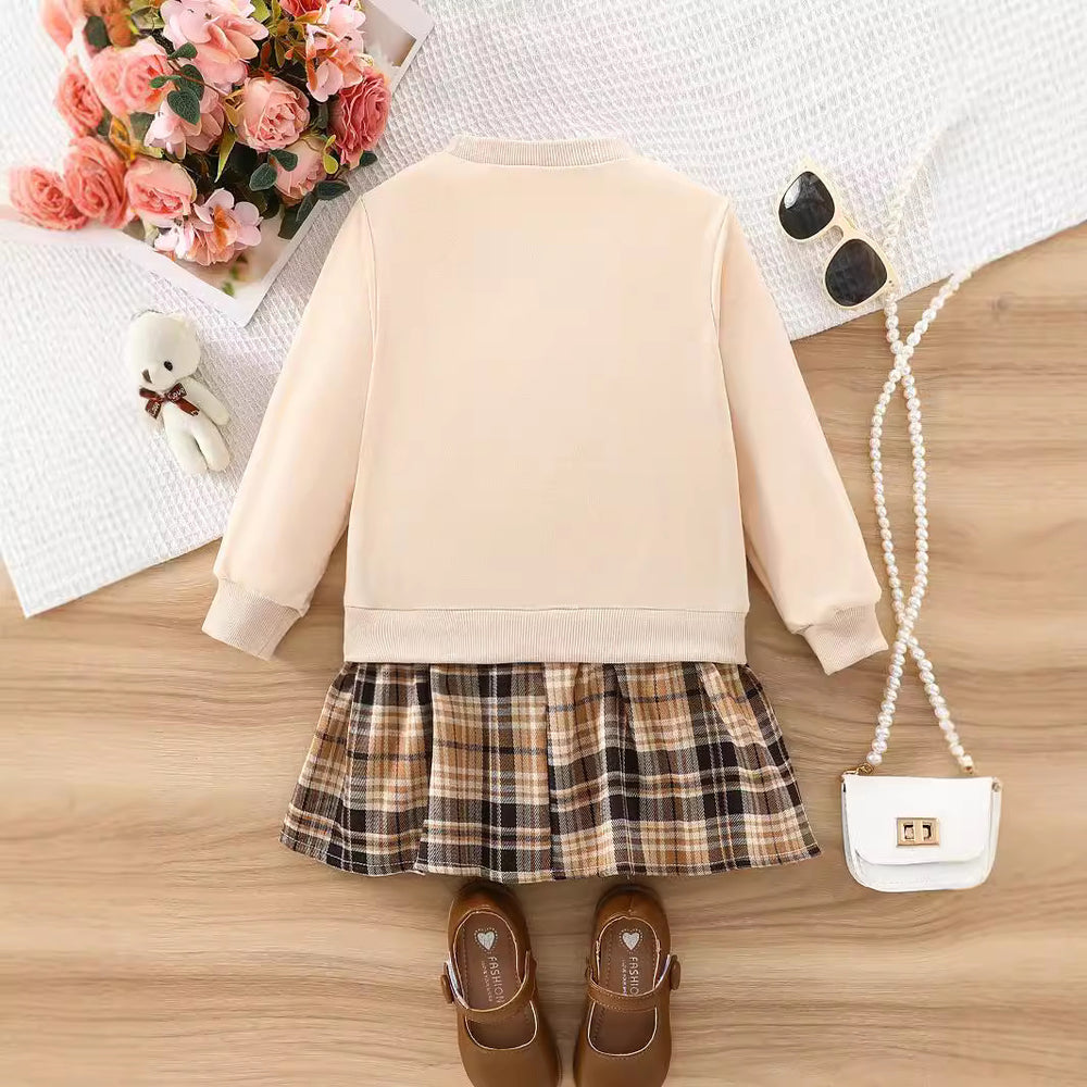 Autumn cross-border girls' sweatshirt - teddy bear, plaid, bow, crew neck, long sleeve top - kids' pullover