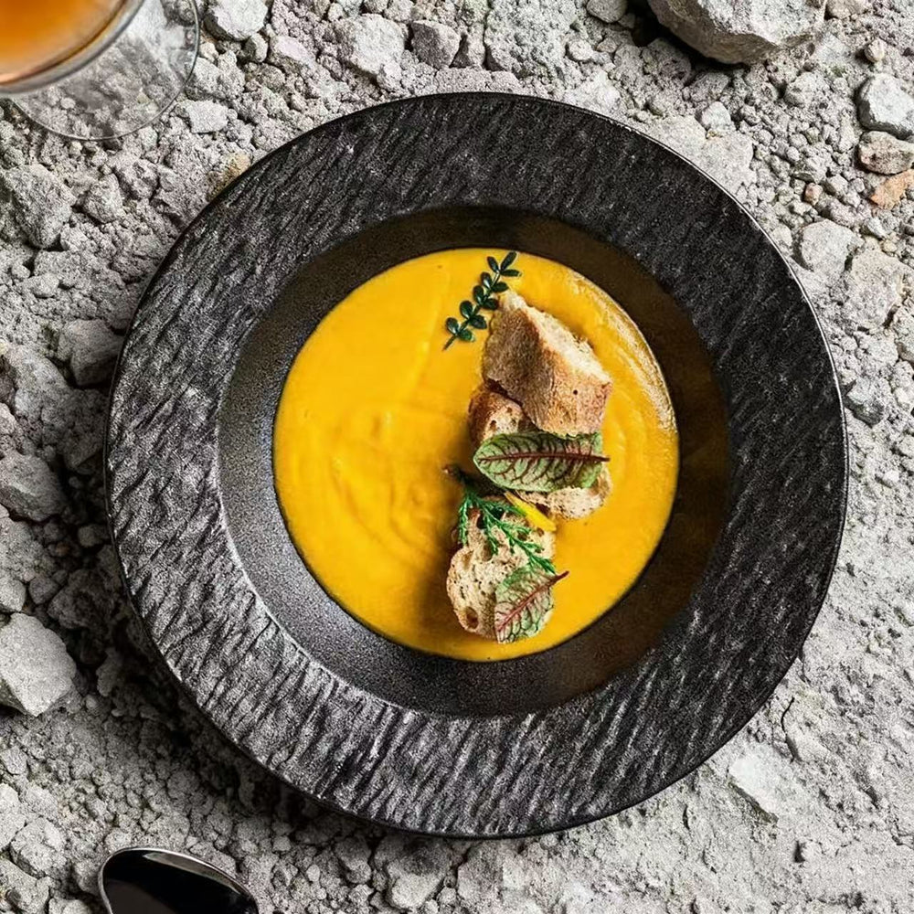 Western-style ceramic dinner plate, pasta, western food, soup plate, frosted stone pattern, black and white hotel french plate, tableware, dinner plate