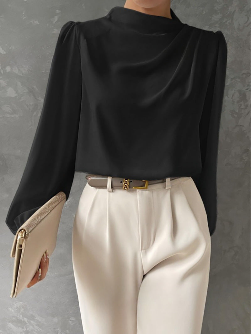 Solid color pleated women's blouse - elegant pullover satin top - new european and american style commuter long sleeve top