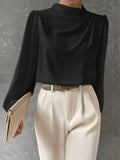 Solid color pleated women's blouse - elegant pullover satin top - new european and american style commuter long sleeve top