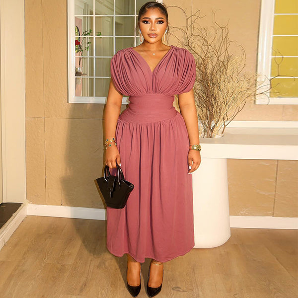 European and American  women's clothing 2025 autumn new fashionable and elegant V-neck waist thin pleated skirt dress
