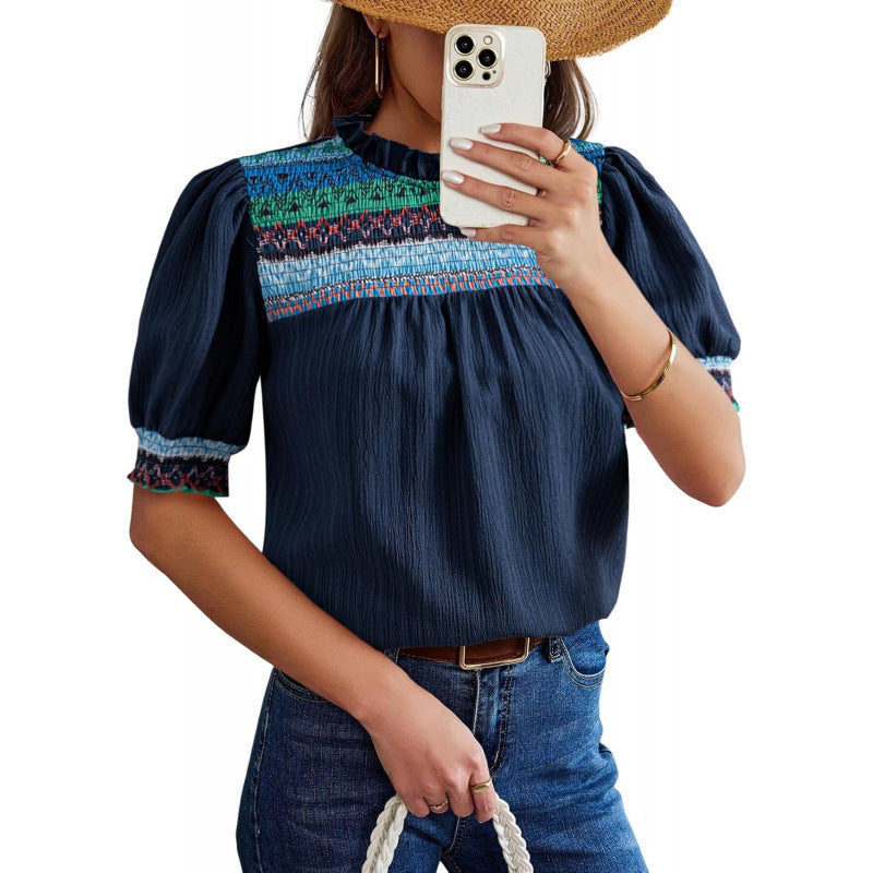 Amazon  summer new casual round neck bubble short sleeve bohemian embroidered shirt top for women