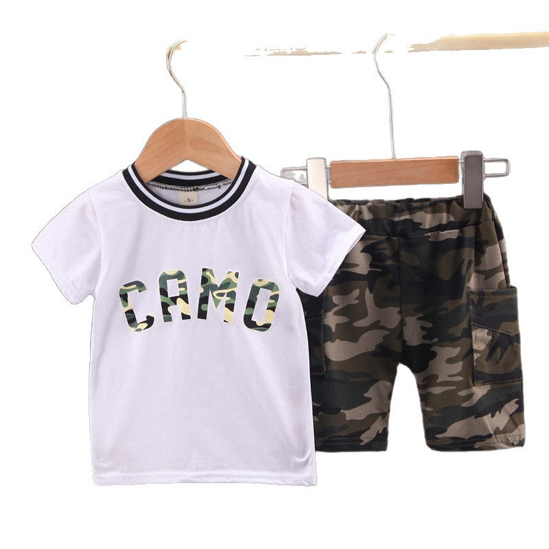 Summer new camouflage short-sleeve set: toddler & little boy crewneck letter tee + cargo shorts two-piece outfit - wholesale
