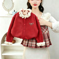 Girls' sweater set -  winter new arrival: stylish ruffle-trimmed thick cardigan sweater and plaid skirt two-piece set