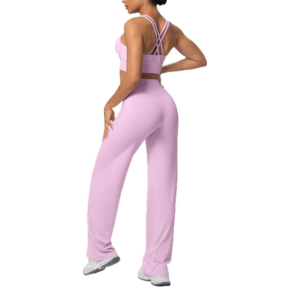 Sexy criss-cross back sports bra set with high-waisted straight-leg wide-leg yoga pants - quick-dry outerwear for running and fitness