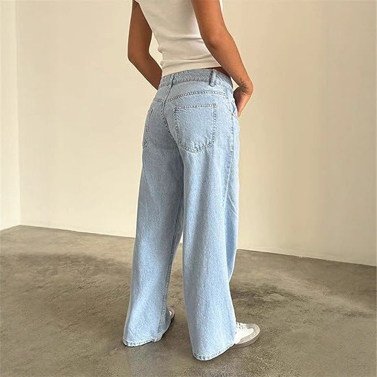 Fashionfashionjeans women's new best-selling exportstylish street low-waist wide-leg pants washed loosejeans
