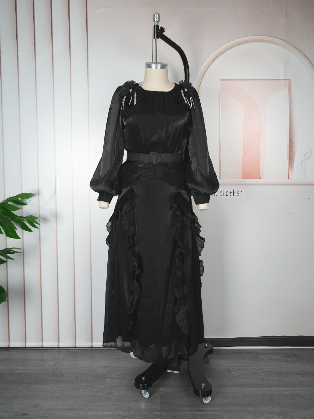 fashionfashionelegantflower dress african export  plus size women's pleated long sleevesdress
