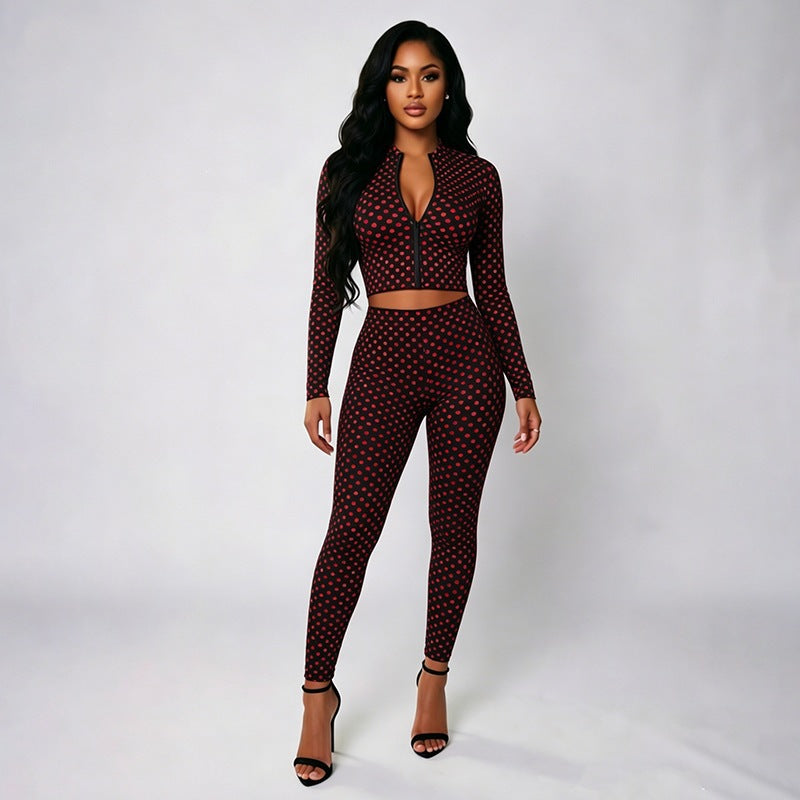 J26st314 cross-border european and american style women's long-sleeve zip-up cardigan top and skinny leggings two-piece set with polka dot print