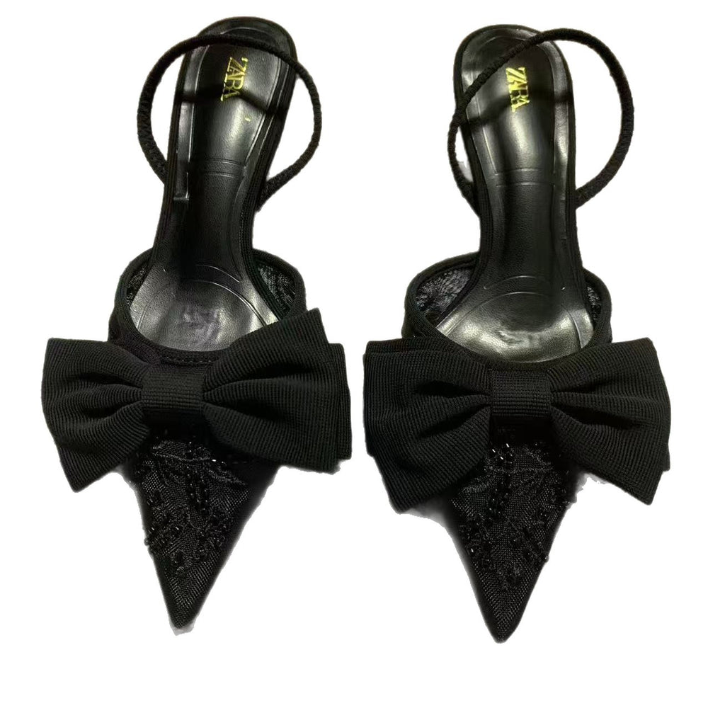 Za's 2025 new women's low-heel pumps: elegant, pointed-toe, ankle-strap flats with black bow detail