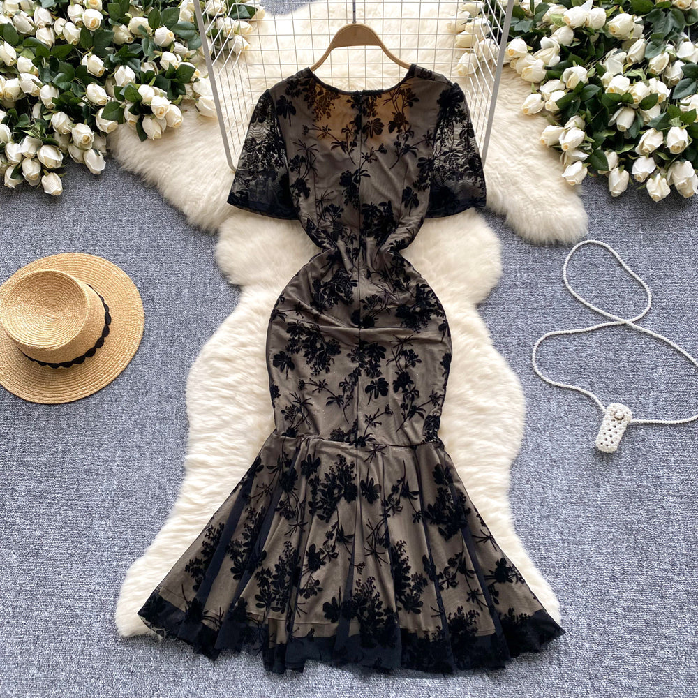 Evening gown women's high-end banquet party dress - slim fit, flocked print, pleated, slit, mermaid maxi dress