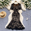 Evening gown women's high-end banquet party dress - slim fit, flocked print, pleated, slit, mermaid maxi dress