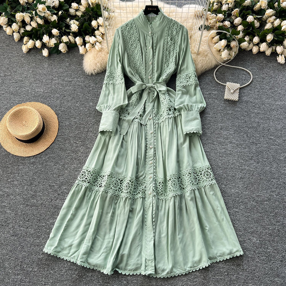 Frenchclassyretrolacepatchwork pearl single breasted slimmingelegant stand collar lantern sleeve large swing dress