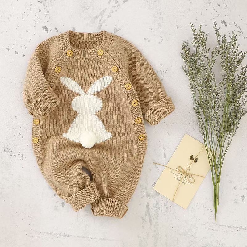 New european and american solid color baby knitted rabbit button romper outdoor wool baby jumpsuit cross-border 024