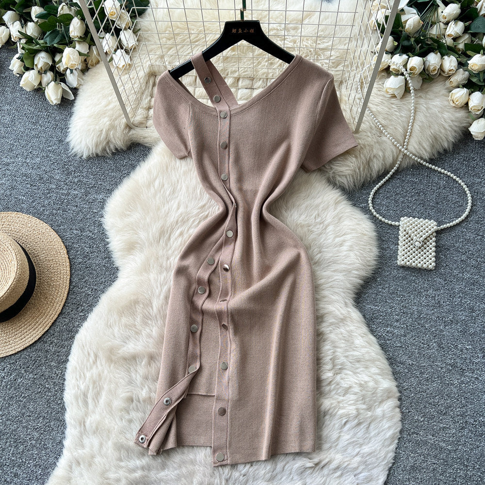 K-stylesexyv neck short-sleeved metal button knittingdress women's summer oblique shoulder slimming look silmelegant hip skirt
