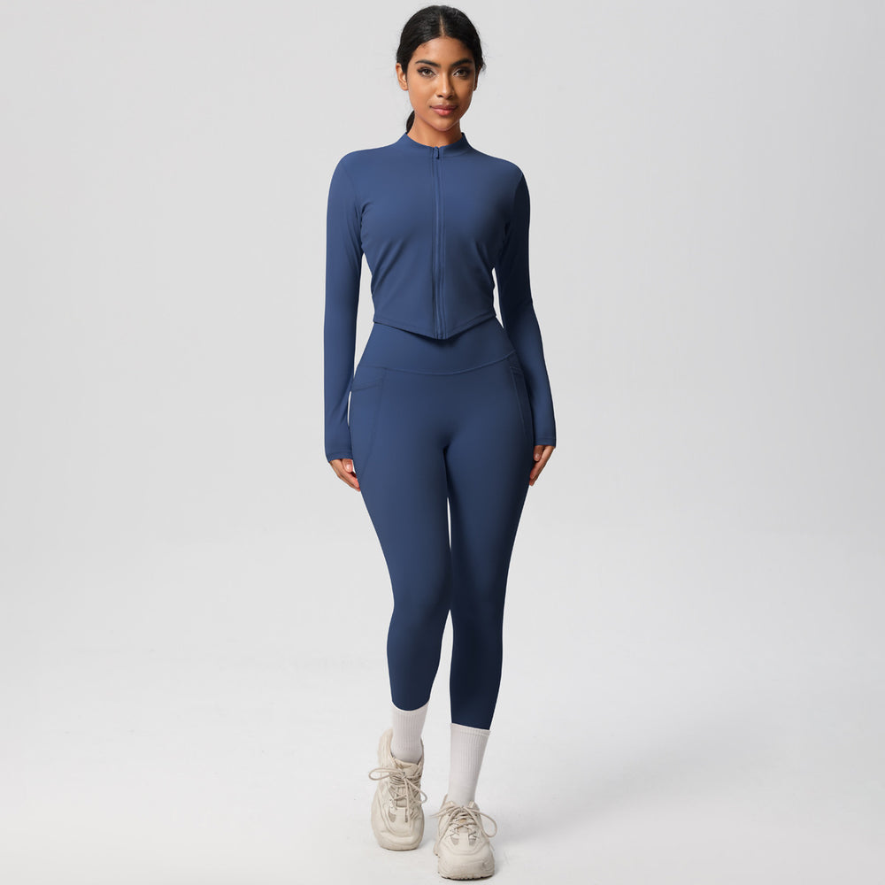 European and american nude feel compression zip-up yoga set - high-waisted pocket quick-dry activewear running fitness two-piece outfit