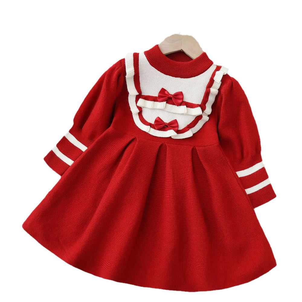 fall/winter new girls' knit dress - children's sweater dress with bow detail, sweet princess style